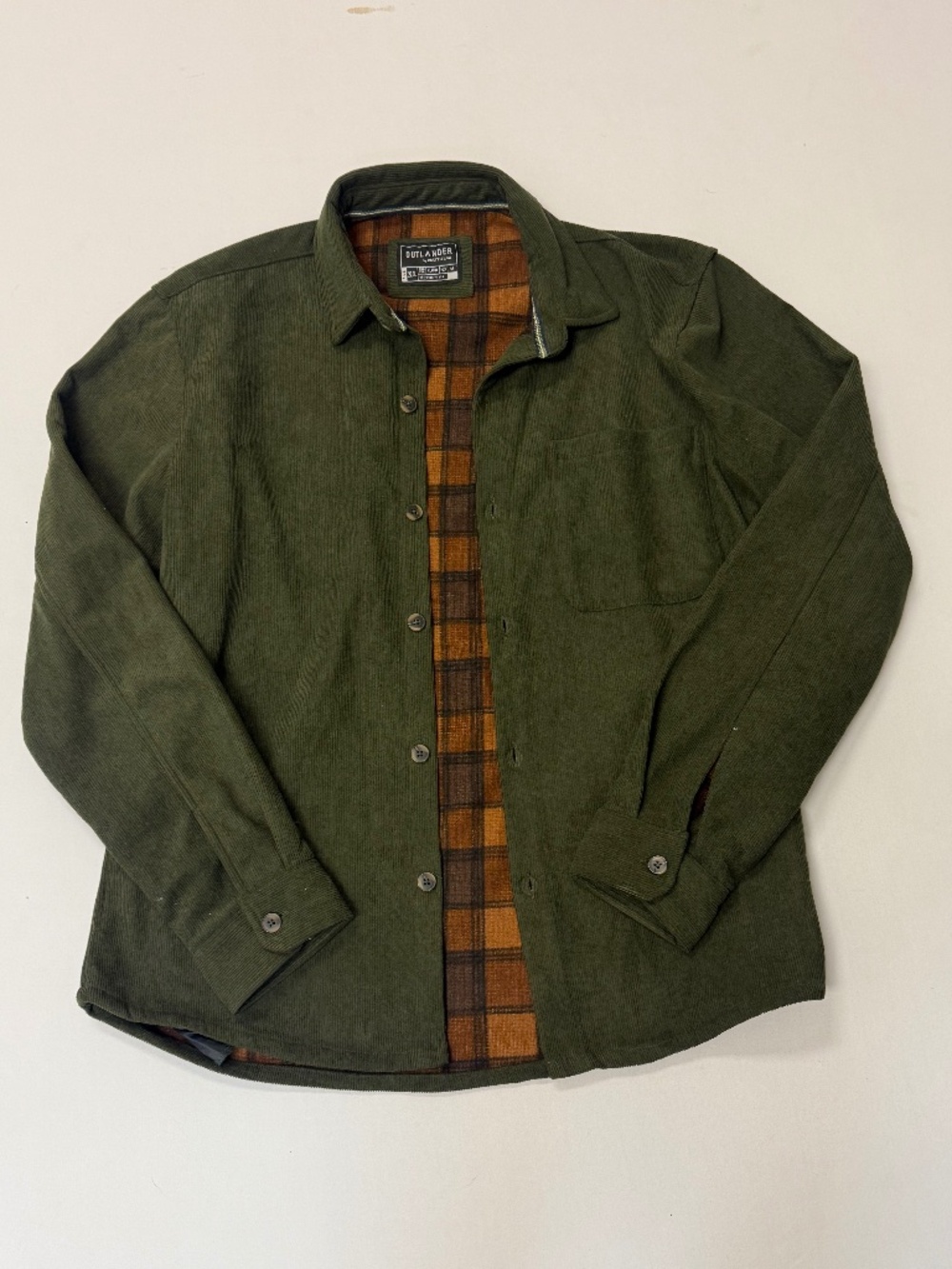 Outlander Craft + Flow Olive Green Corduroy Plaid Lined Shirt Jacket XL